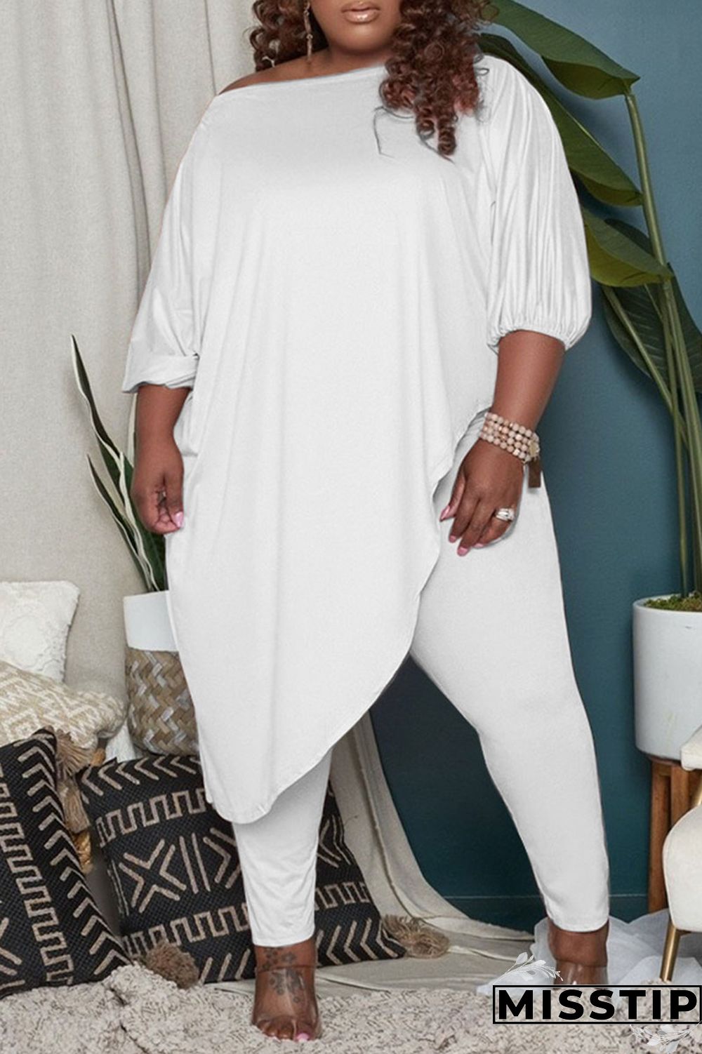 Green Fashion Casual Solid Asymmetrical Oblique Collar Plus Size Two Pieces