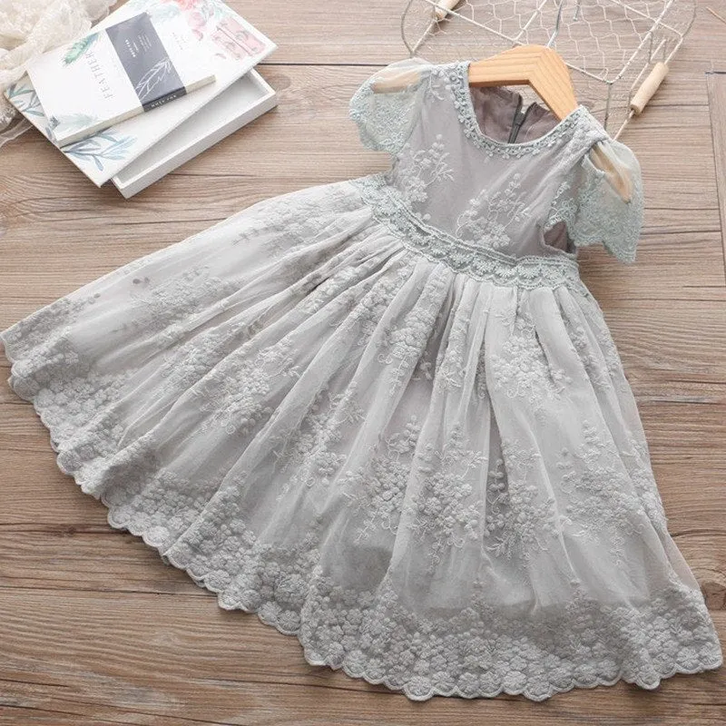 Spring Girls Clothing Elegant Lace Wedding Dress Flower Girls Dress Princess Party Pageant Tulle Gown Kid Girls Clothes 3-8Years