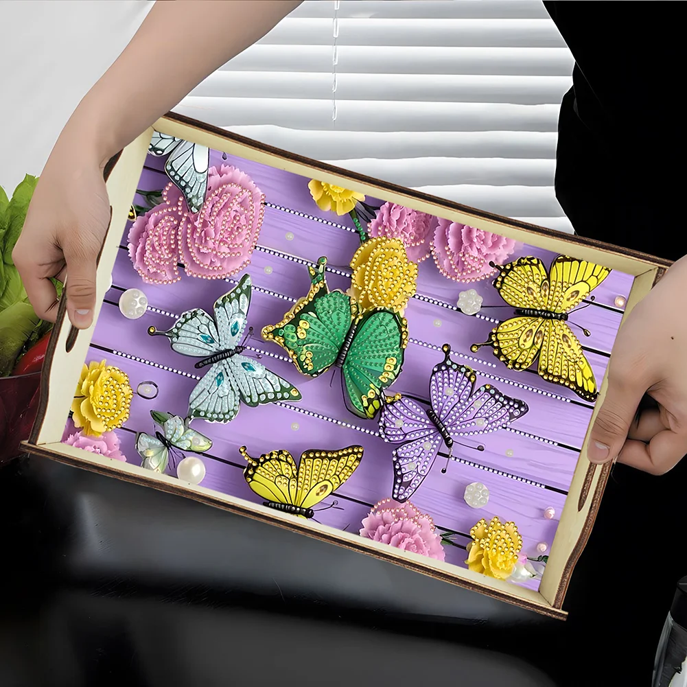 DIY Diamond Painted Dining Plate with Handle Wooden Food Tray Home Decor Gift