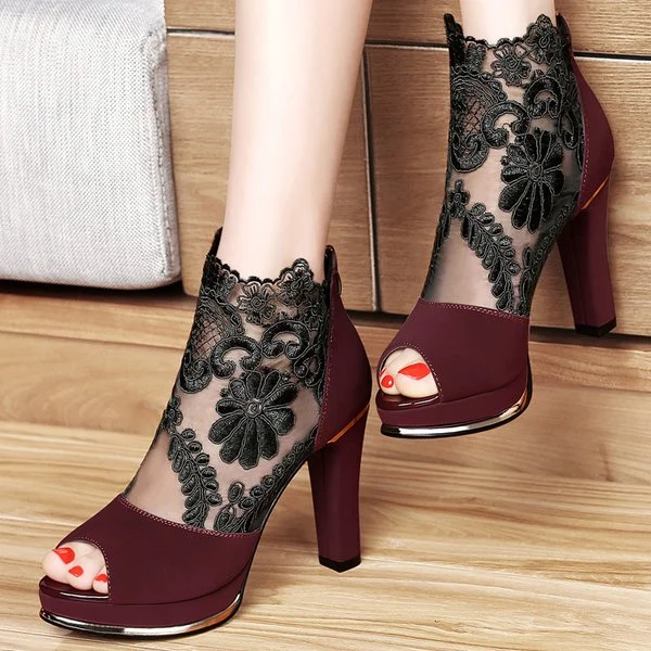Claret Red Lace Up Peep Toe Chunky Heel Booties Vdcoo