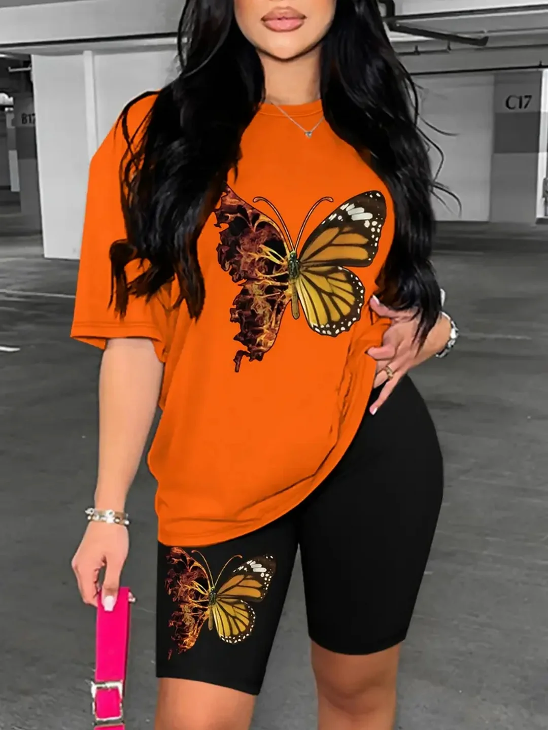 Spring/ Summer Two-Piece Set, Printed Round-Neck Orange Top And Black Shorts, Made Of Lightweight Polyester Fabric, Spring And Summer Style, Machine Washable And Wearable | IFYHOME