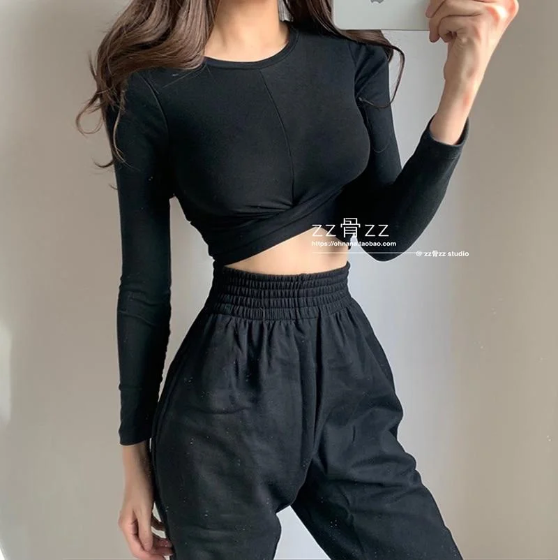 spring New Round Neck Temperament Show Lean Cross Knot Fold Navel Exposed Solid Color Long Sleeve T-shirt Slim Women Tops C8
