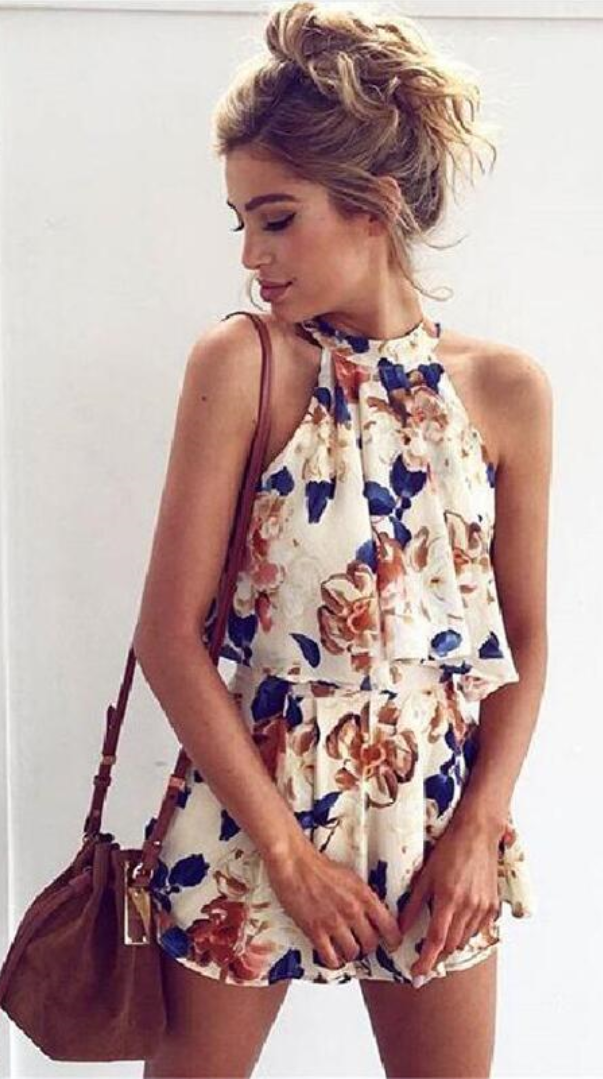 Beige Floral Crop Top and Shorts Matching Sets
