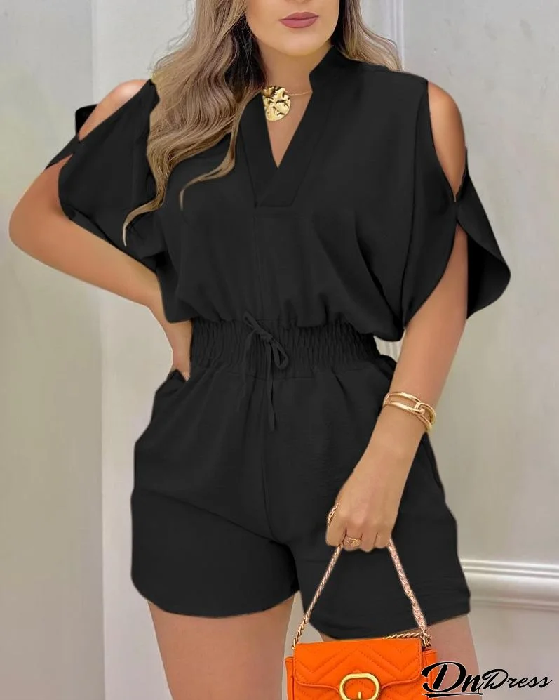 Cold Shoulder Drawstring Shirred Romper