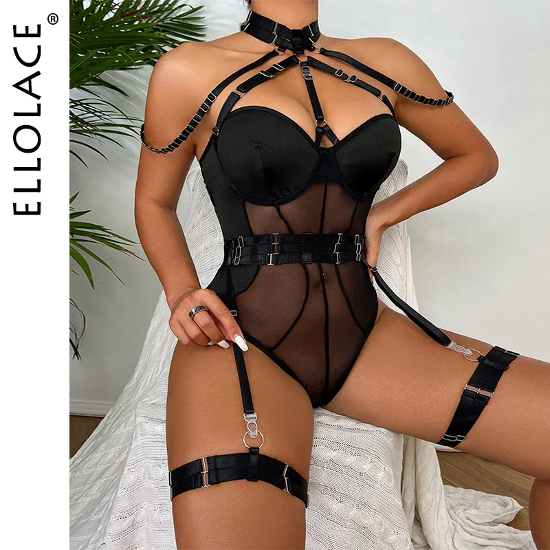 Billionm Ellolace Fancy Lingerie Bodysuit Women With Garters Sexy Boat Body One-Pieces Sissy Teddy Erotic Halter Open Croch Babydoll