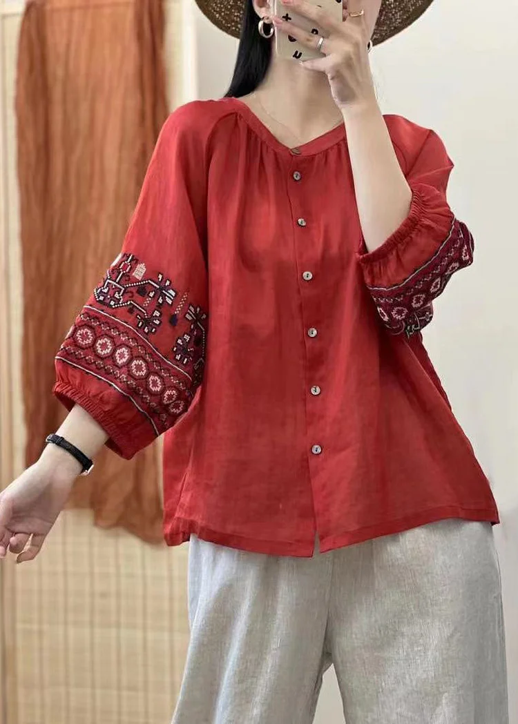 Retro Red Embroideried Button Patchwork Linen Shirt Top Lantern Sleeve
