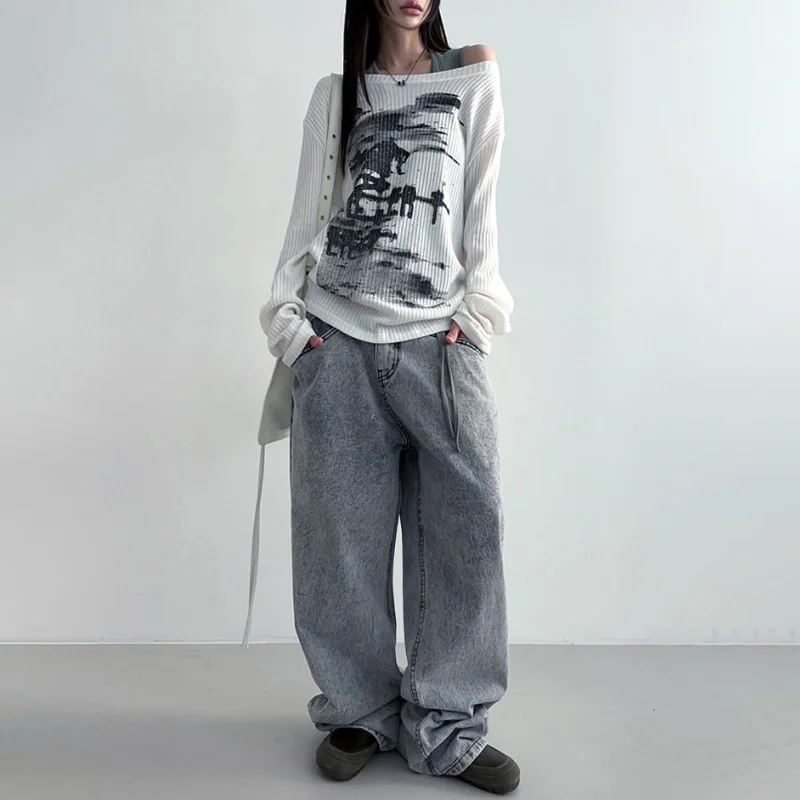 Uveng Autumn 2024 New Women's Sexy Hottie Side-Shoulder Loose Art Print Long-Sleeved Top