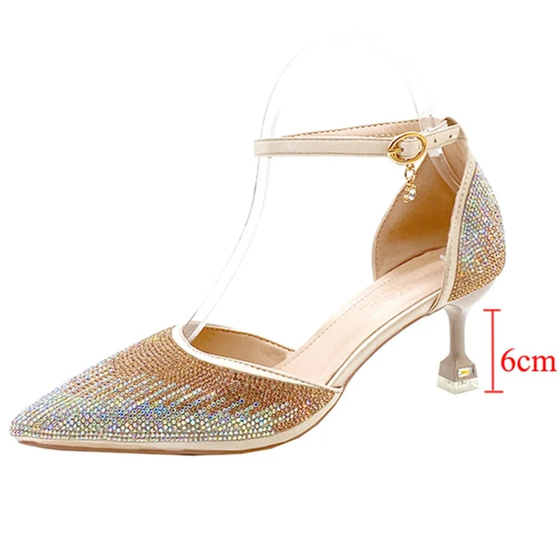 Lourdasprec Bling Shiny Crystal Pumps Women Sexy Pointed Toe Thin Heels Wedding Party Shoes Woman Ankle Strap High Heels Shoes