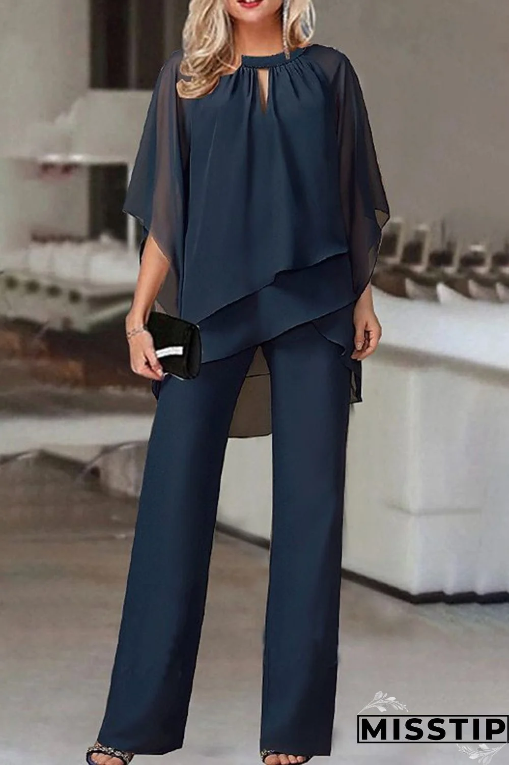 Navy Blue Casual Simplicity Solid Patchwork Asymmetrical O Neck Half Sleeve Two Pieces