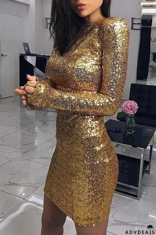 Sequin O Neck Long Sleeve Mini Dress