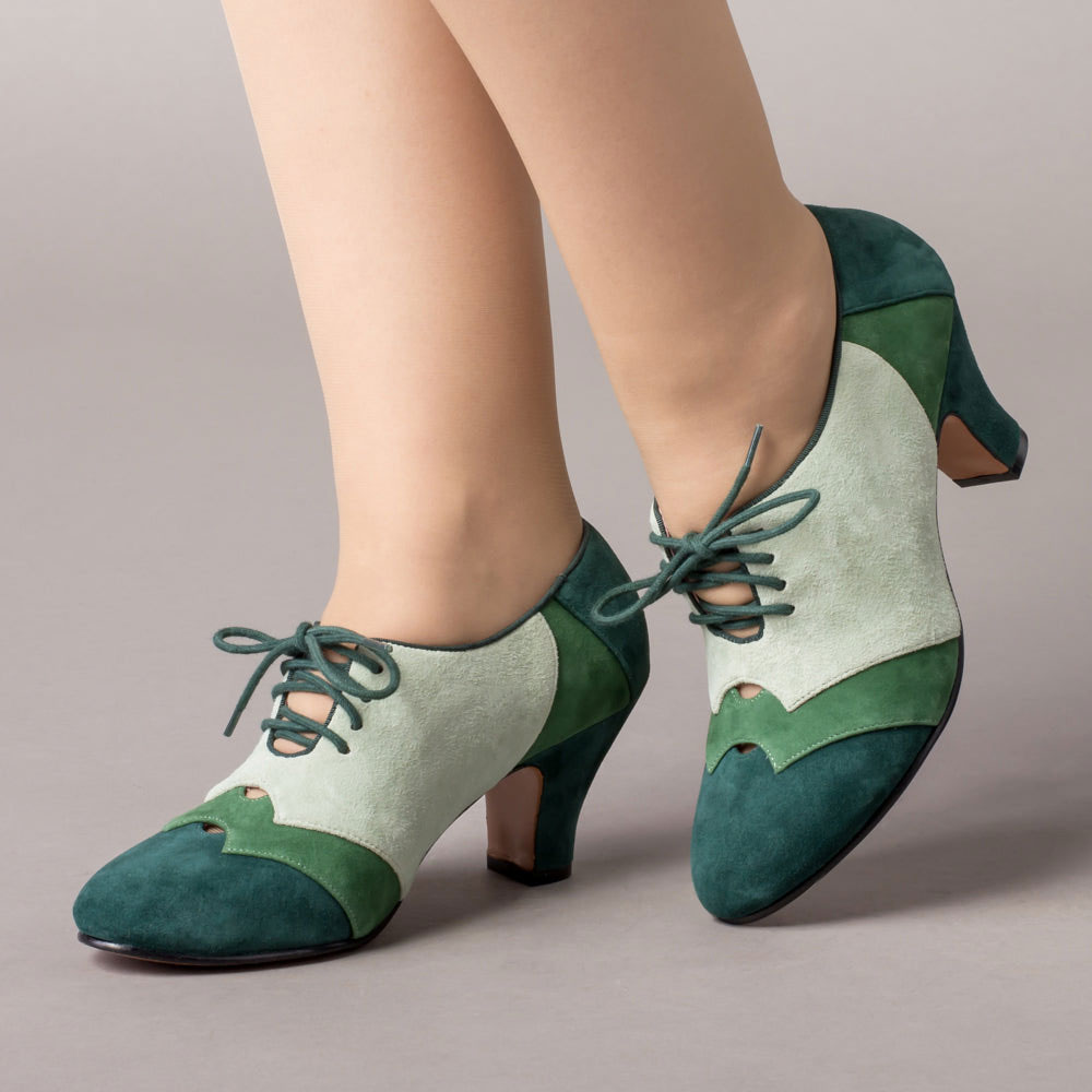 Green Patchwork Cut-Out Lace-Up Round Toe Oxford Shoes Women Nicepairs