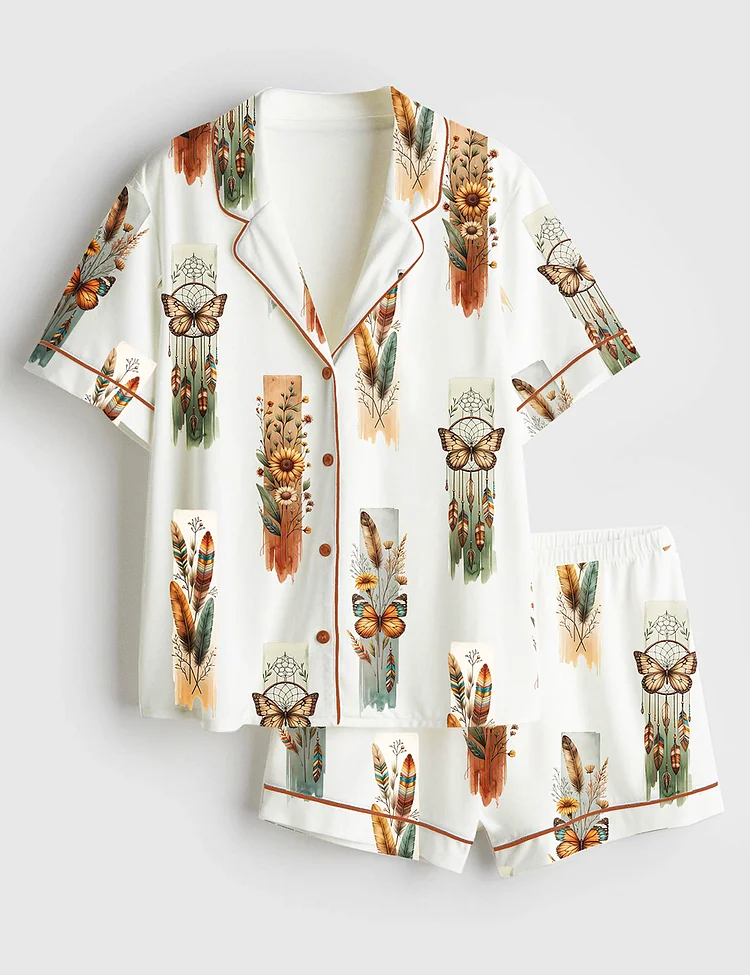 Women&rsquo;s Boho Wildflowers Western Feathers Flowers Butterfly Floral Print Short Sleeve Satin Pajama Set