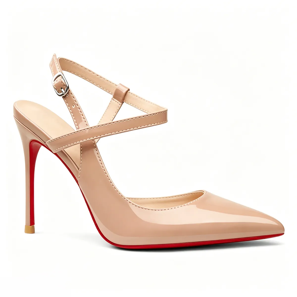 100mm Women Slingback Patent Pumps Ankle Strap Jenlove Stiletto Mid Heel Close Pointed Toe Dress Red Bottoms Shoes