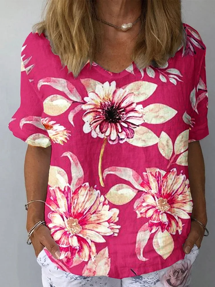 Women's Vintage Floral Art Print Casual Cotton And Linen Shirt