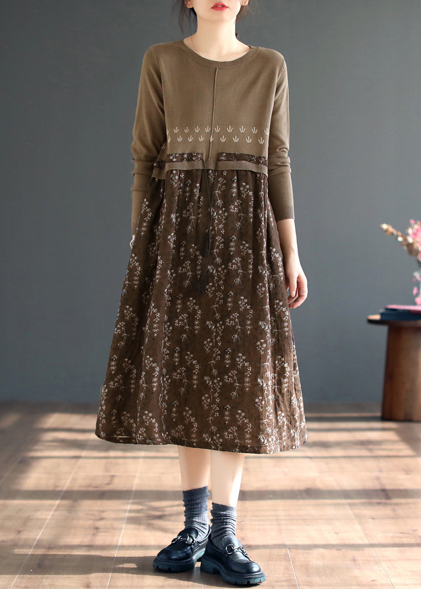 VCSHOES Coffee O Neck Print Patchwork Knitting Dress Fall
