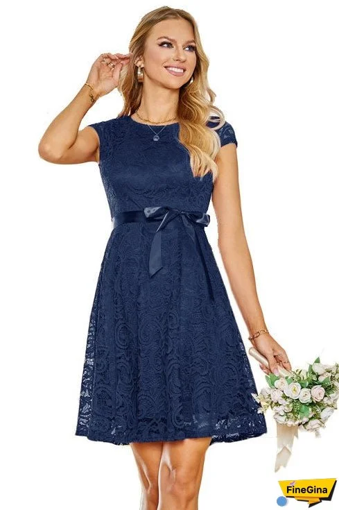 Dark Navy Lace Cap Sleeves A-Line Party Dress
