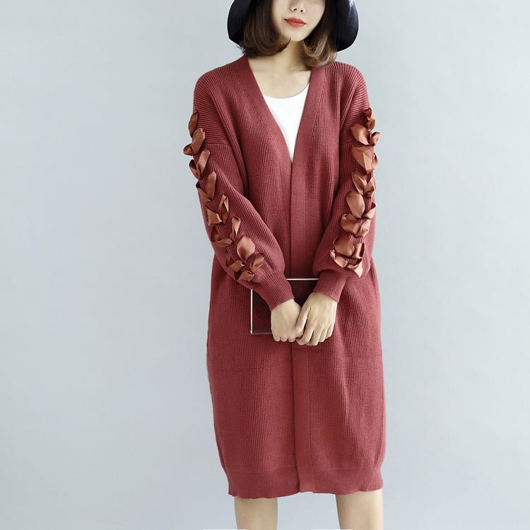 Brick red knit cardigans oversized sweater coats decorated sleeves
