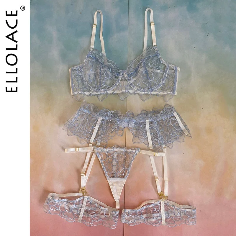 Ellolace Lace Sexy Underwear Erotic Lingerie Embroidery Transparent Bra and G-Strings Thongs Garters Brief Sets Lingerie Set