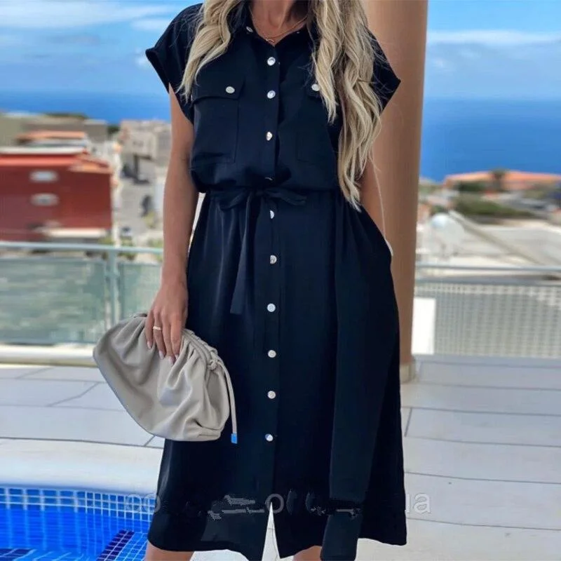 Women Casual Pockets Sashes A Line Dress Turn-Down Collar Batwing Sleeve Button Dress 2023 New Fashion Solid Midi Dress Vintage