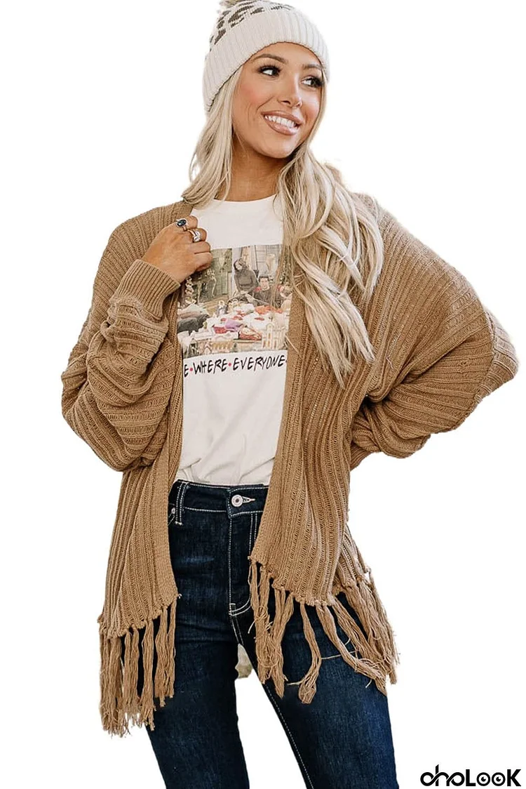 Khaki Fringe Open Front Knit Cardigan