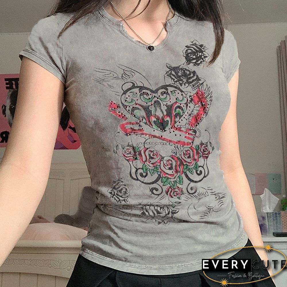 Contrasting Rose Element Sexy Small V-Neck T-Shirt