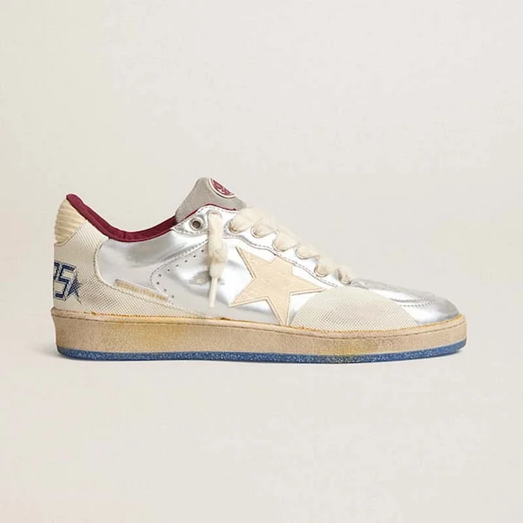 Golden Goose Ball Star Pro Hombre de piel laminada plateada y estrella color crema