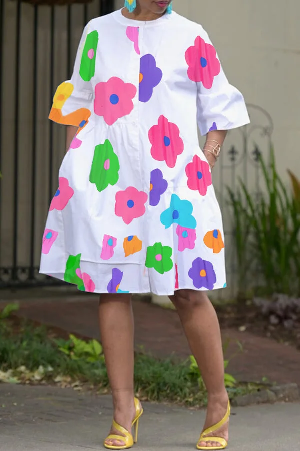 Colour Flower Print Cute Ruffled Midi Dress
