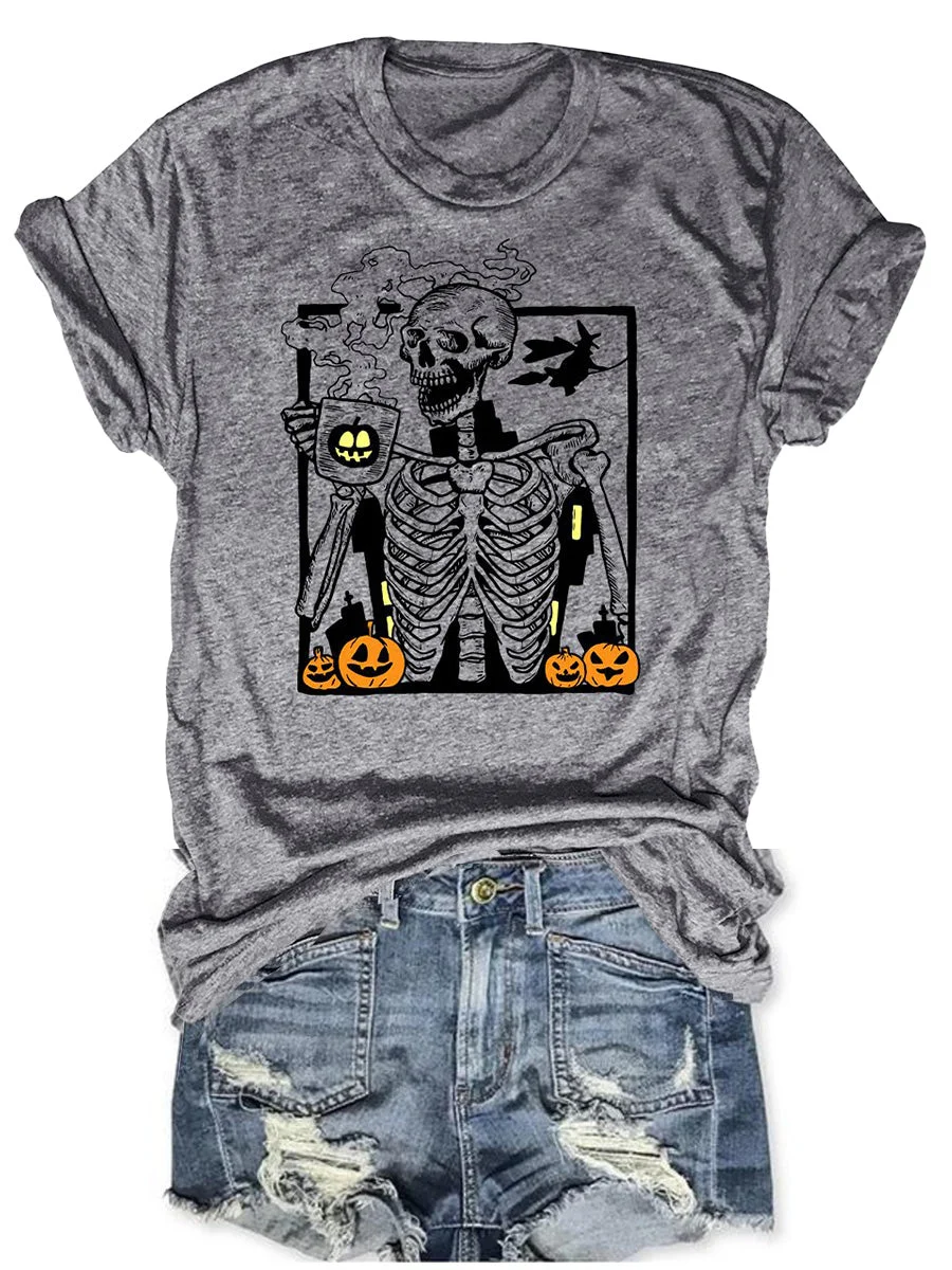 Halloween Hot Coffee Skeleton and Pumpkin Round Neck Short Sleeves T-shirt
