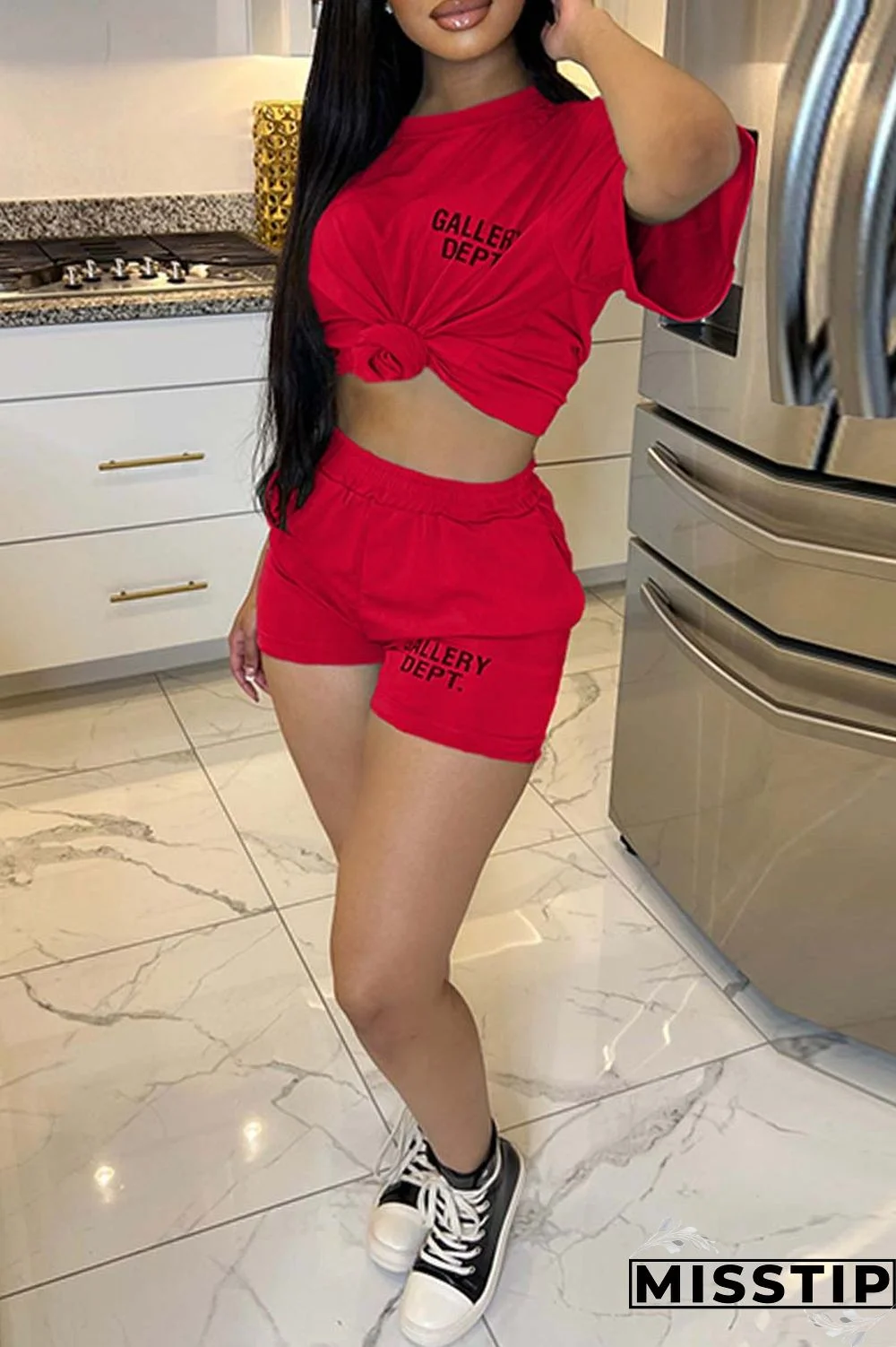 Black Casual Letter Print Basic O Neck Short Sleeve Two Pieces