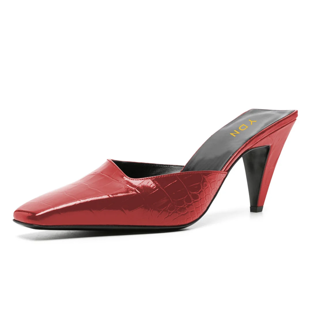Red Crocodile Embossed Cone Heel Mules Shoes with Square Toe