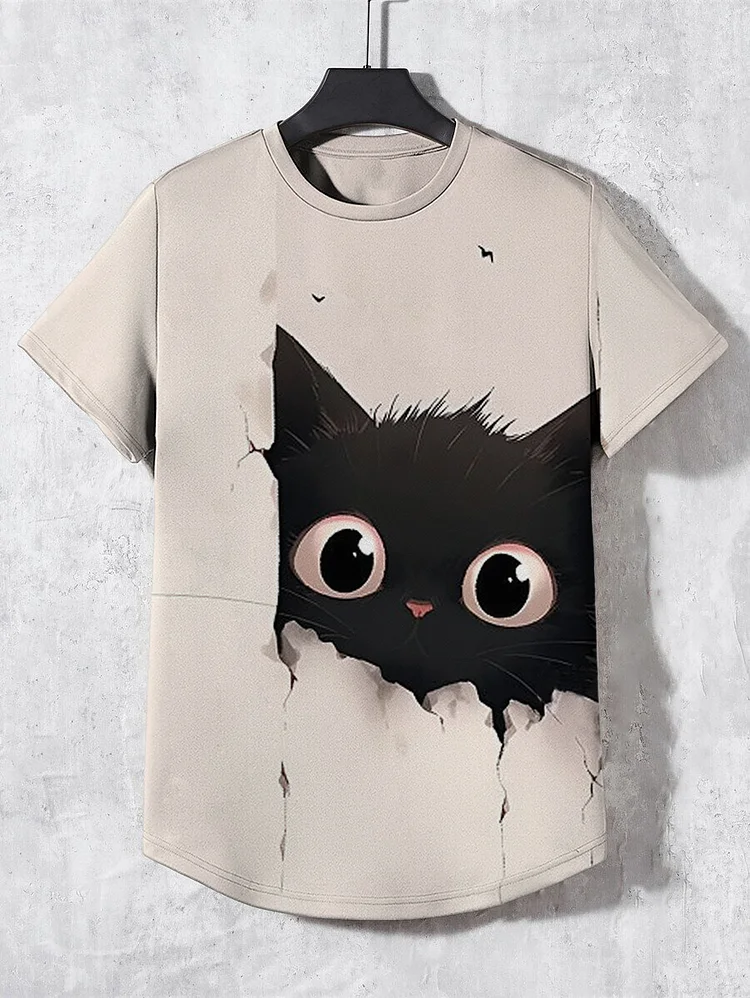 Men's Cute Big Eyed Black Cat Print Casual T-Shirt