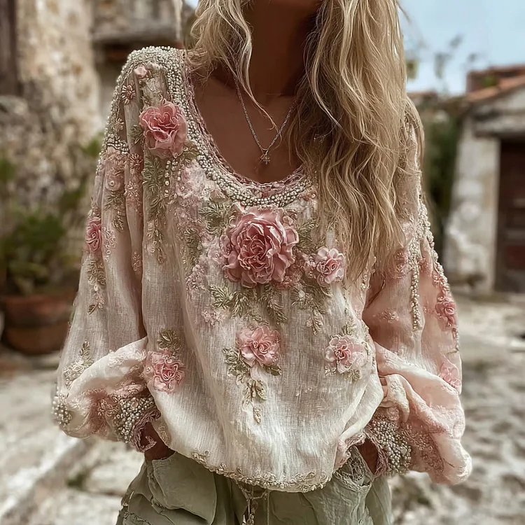 Women's Vintage Pink Roses Embroidery Art Print Round Neck Long Sleeve T-shirt