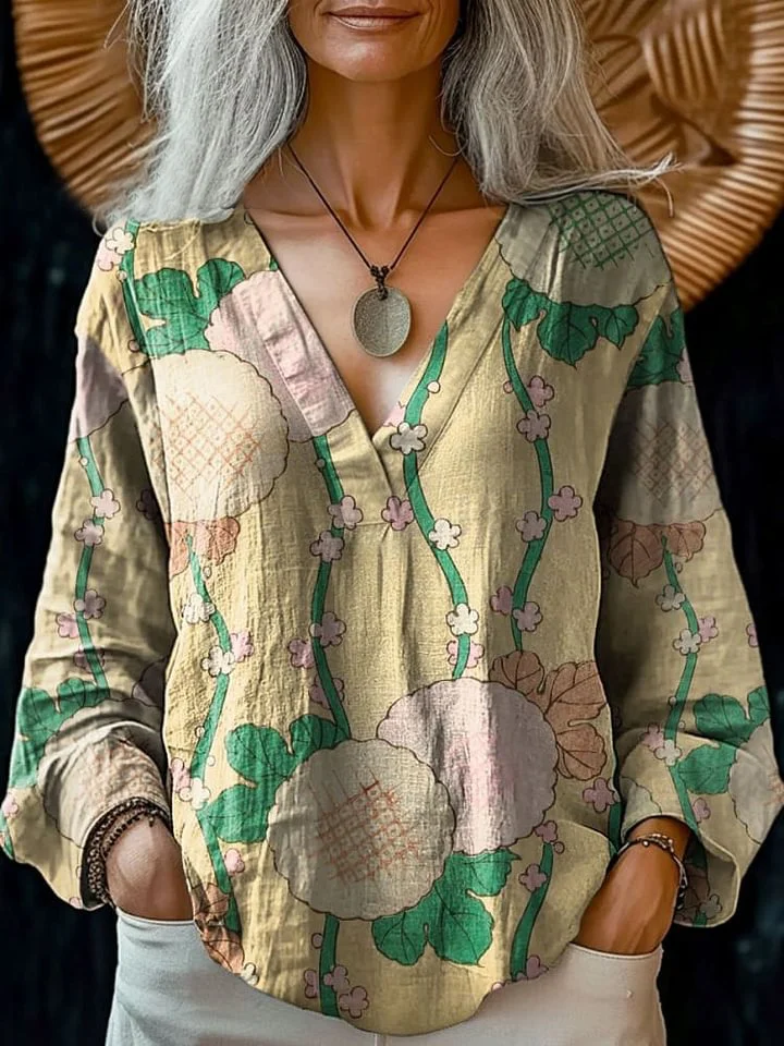 Women's Vintage Flower Art Print Casual Cotton And Linen V-neck Shirt