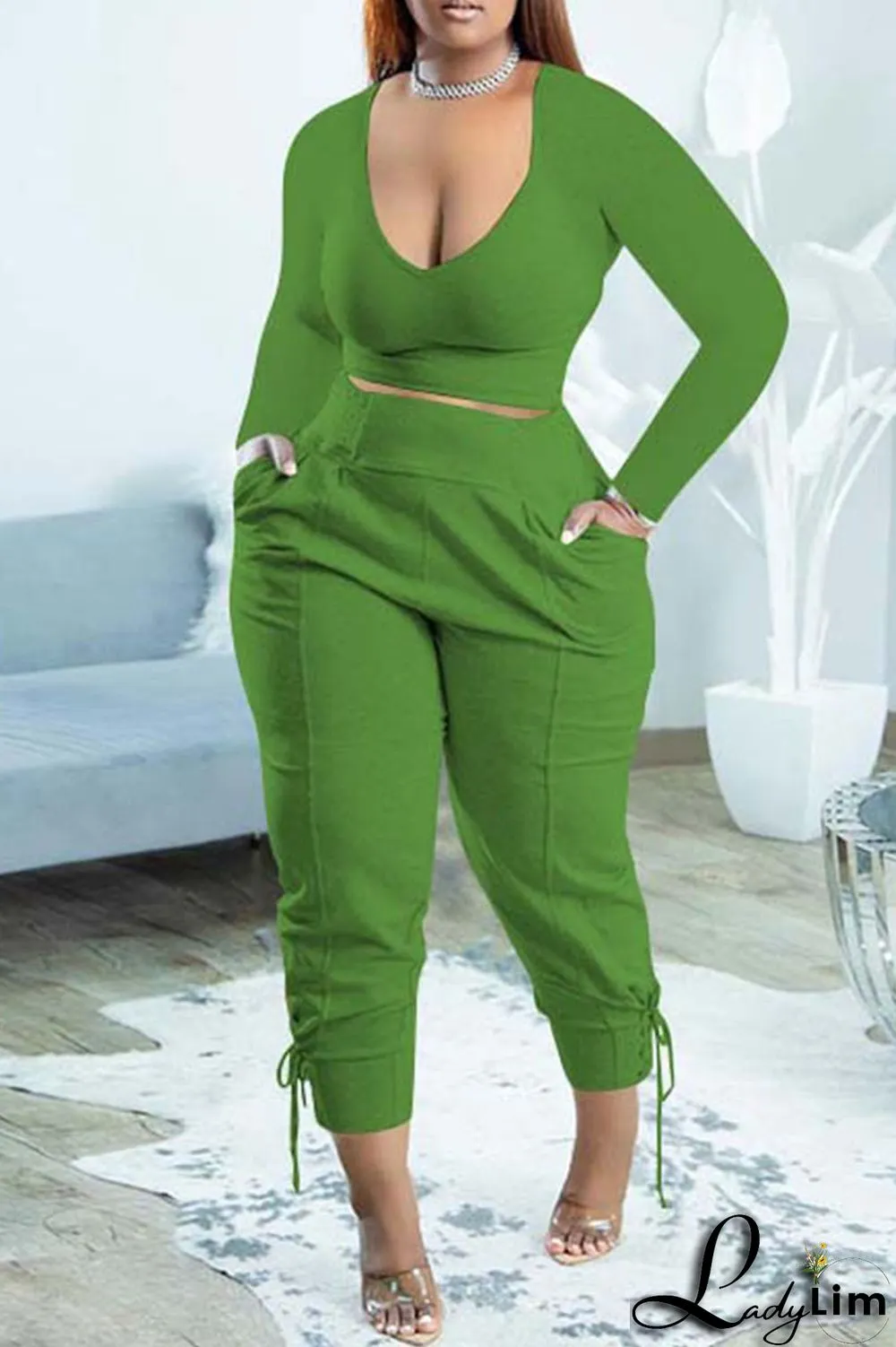 Yellow Casual Solid Bandage Patchwork V Neck Long Sleeve Two Pieces