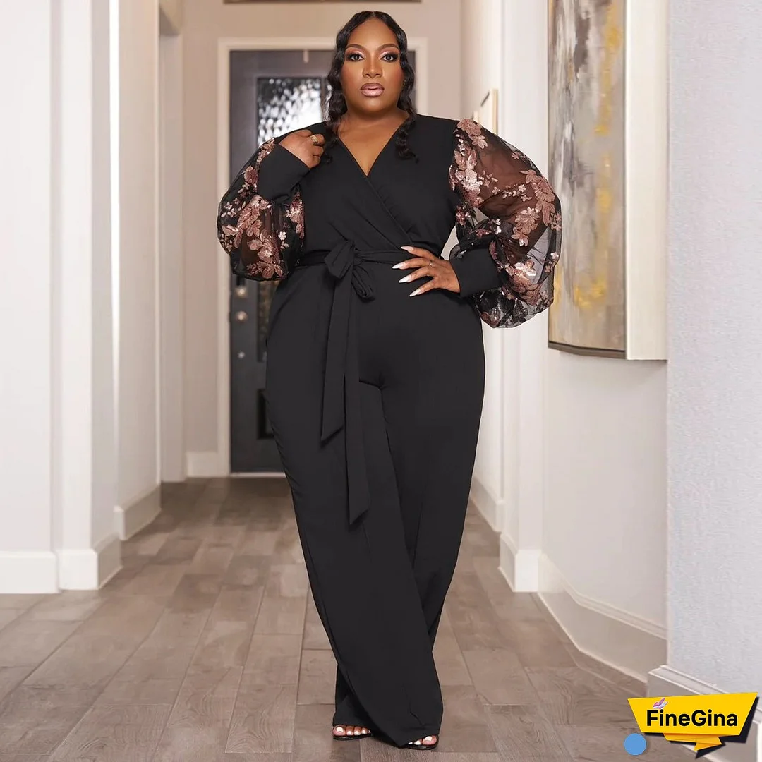 Plus Size Women Summer Mesh Puff Sleeve Wide Leg Jumpsuit