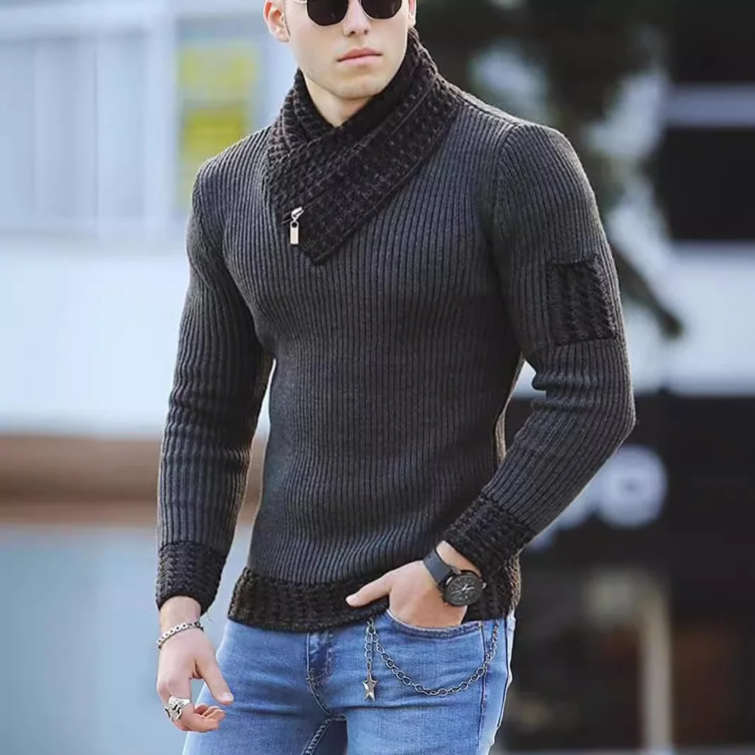 Wongn Wongn Men's Casual Slim Knit Jumper Long Sleeve Scarf Neck Sweater Men's Wear