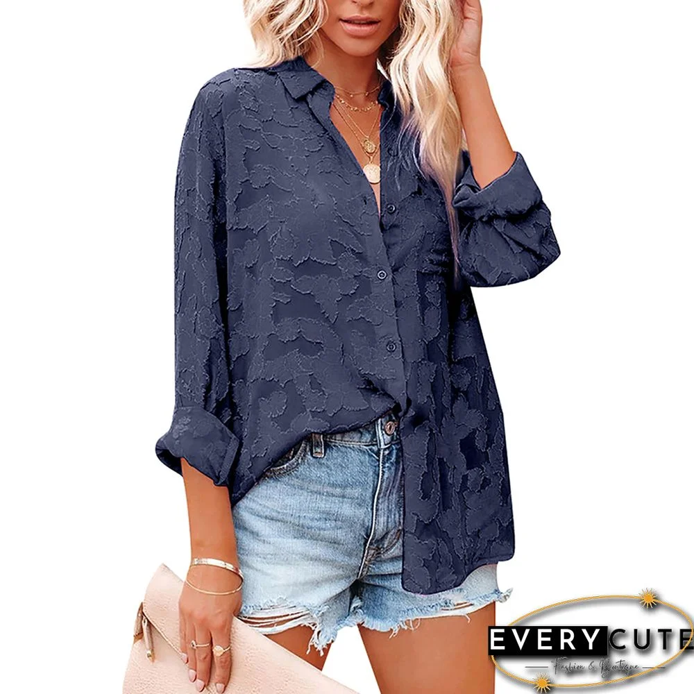 Navy Blue Chiffon Jacquard Long Sleeve Shirt