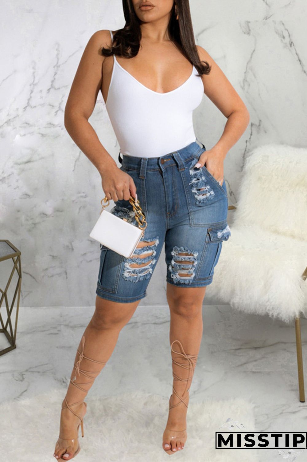 Blue Fashion Casual Patchwork Ripped High Waist Regular Denim Jeans