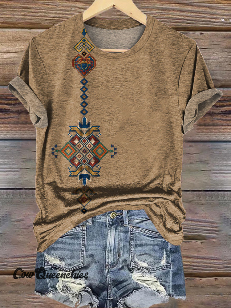 Vintage Khaki Ethnic Pattern Casual T-shirt Khaki / S