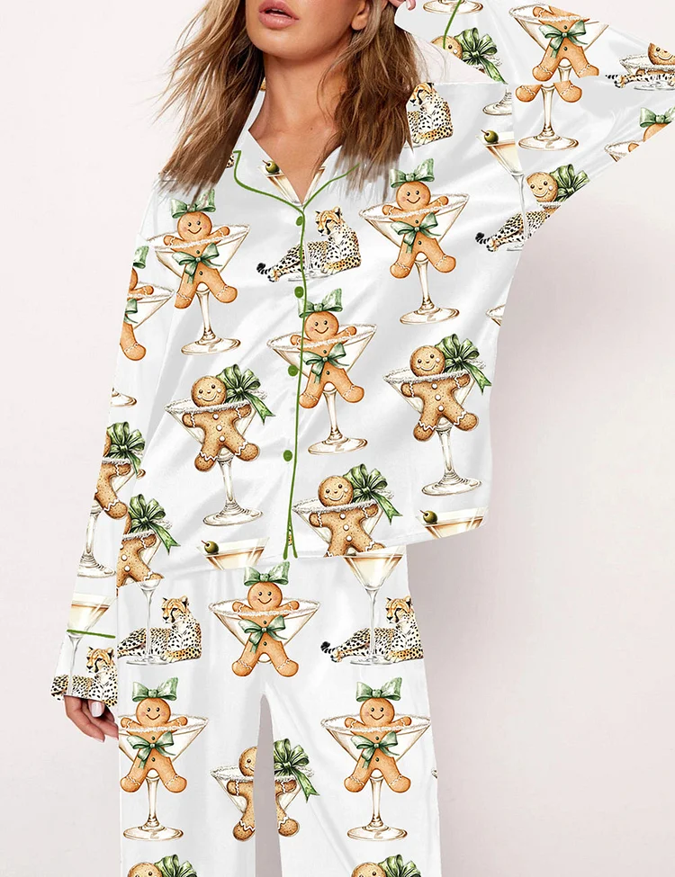 Women's Cookie Wine Leopard Christmas Art Pajama Set