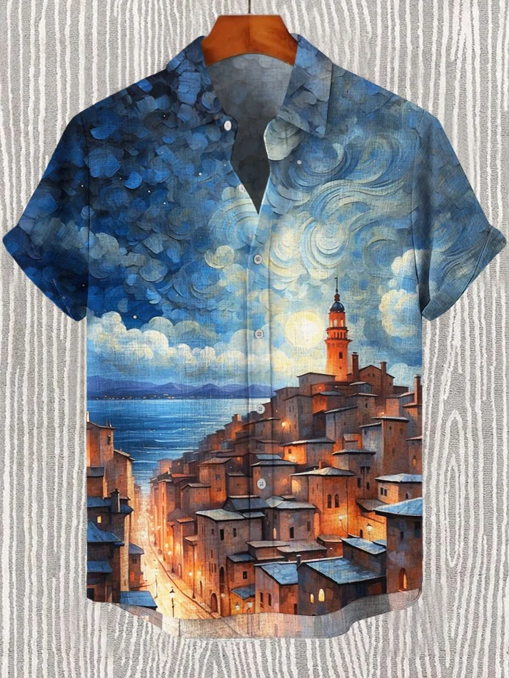 Men's Sea City Scenery Oil Painting Print Casual Shirt