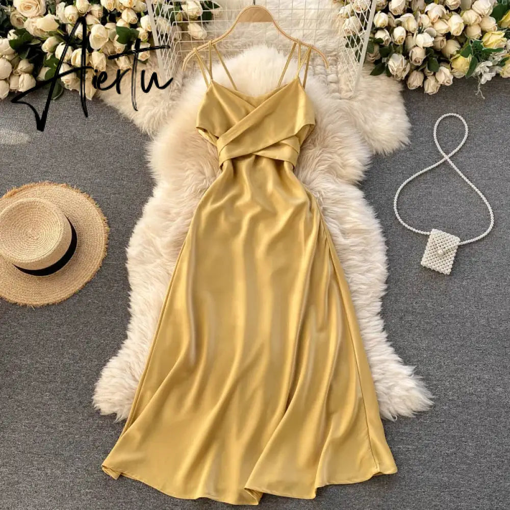 Aiertu Women Korean Strap Dress Sexy V Neck Sleeveless Elegant Solid Party Dress Summer Off Shoulder A-line Beach Midi Dress Aiertu