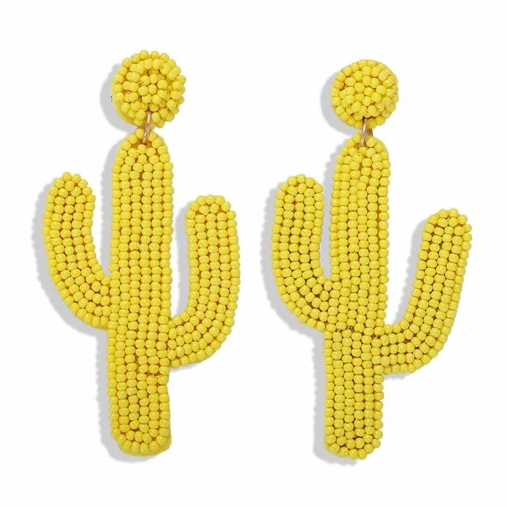 Dvacaman INS Fashion Green Color Beaded Cactus Drop Earrings for Women Boho Weave Rattan Cactus Round Earrings Statement Jewelry