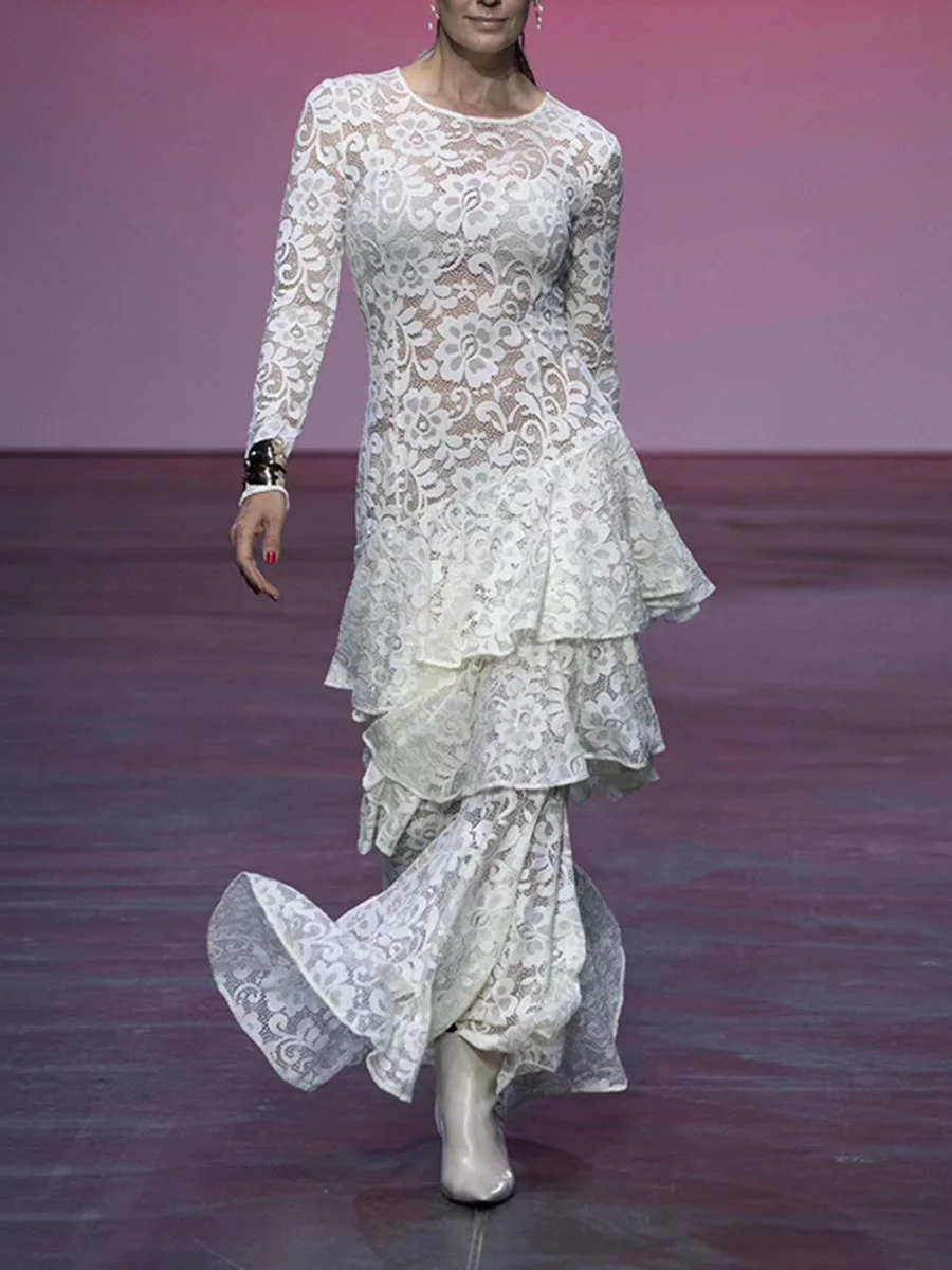 Brownm Fashion Sexy Style Dress Woman 2025 Spring New Round Lace Long-Sleeved Skirt Perspective Senior Long Dress