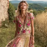 Boho Ethnic Floral Sequin Embroidery Women's Linen V-neck Maxi Dress - Image 2