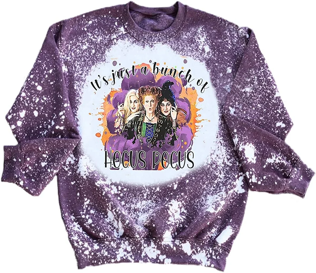 Vintage Bleached Halloween Sweatshirt Women It's Just A Bunch of Hocus Pocus T-Shirt Sanderson Sisters Graphic Tee Tops