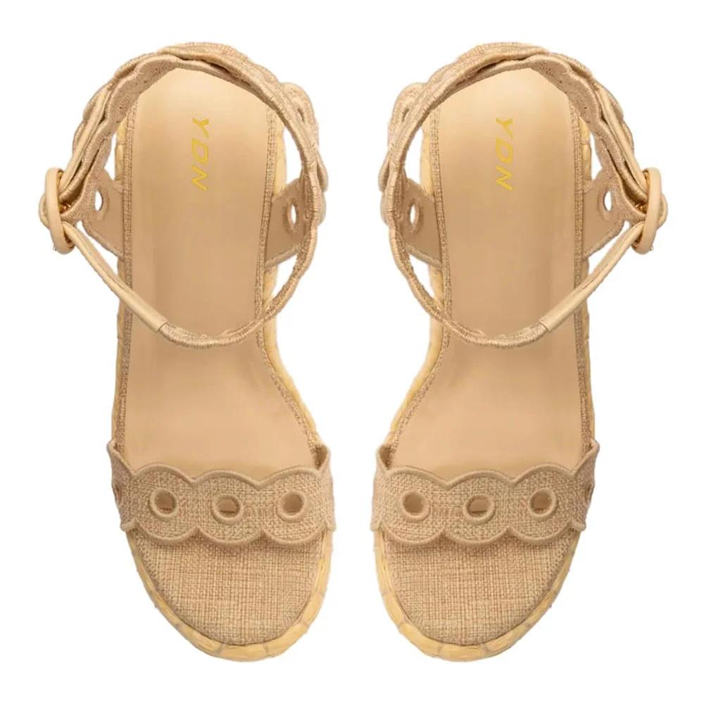 YDN Beige Fabric Open Toe Cut-Out Strap Platform Wedge Sandals