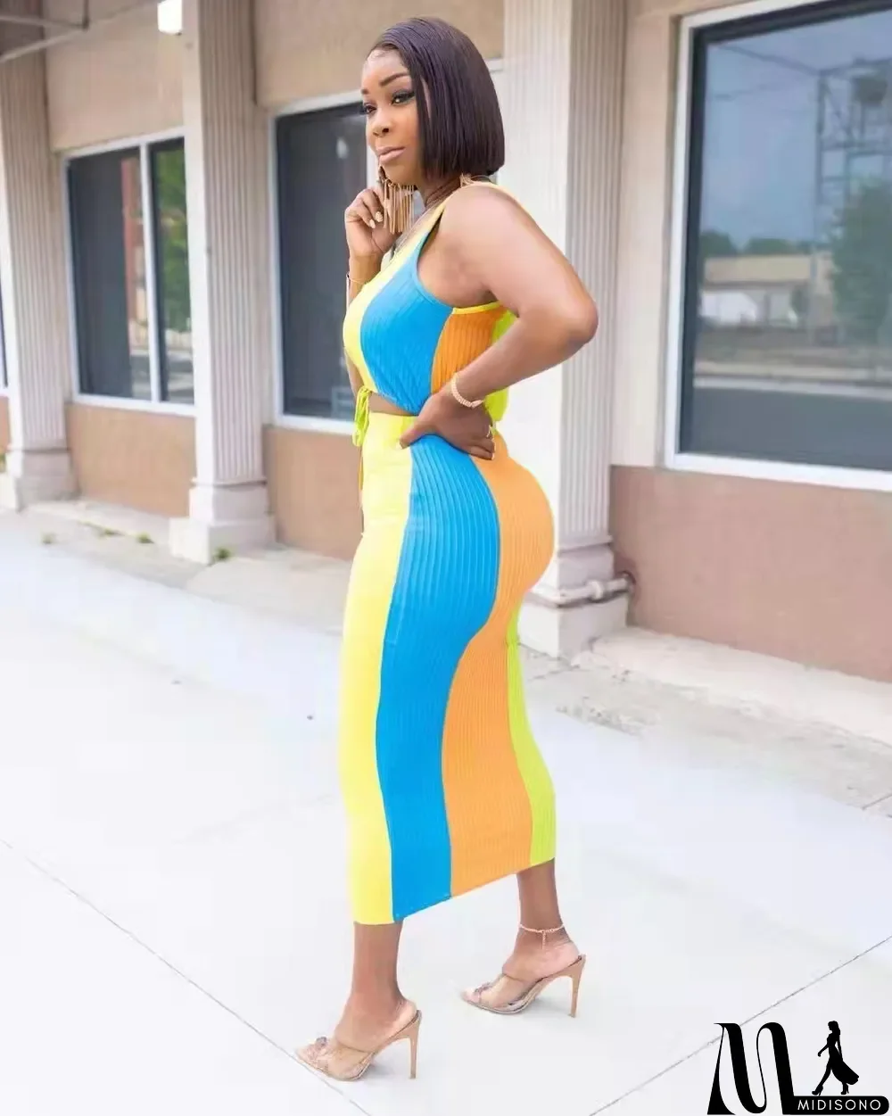 MidiSono - Plus Size Colorful Sleeveless Midi Skirt 2 Piece Sets
