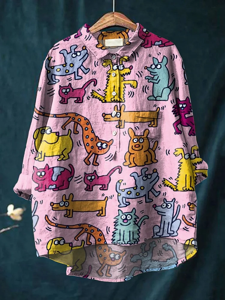 Women's Funny Animal Print Casual Cotton And Linen Shirt