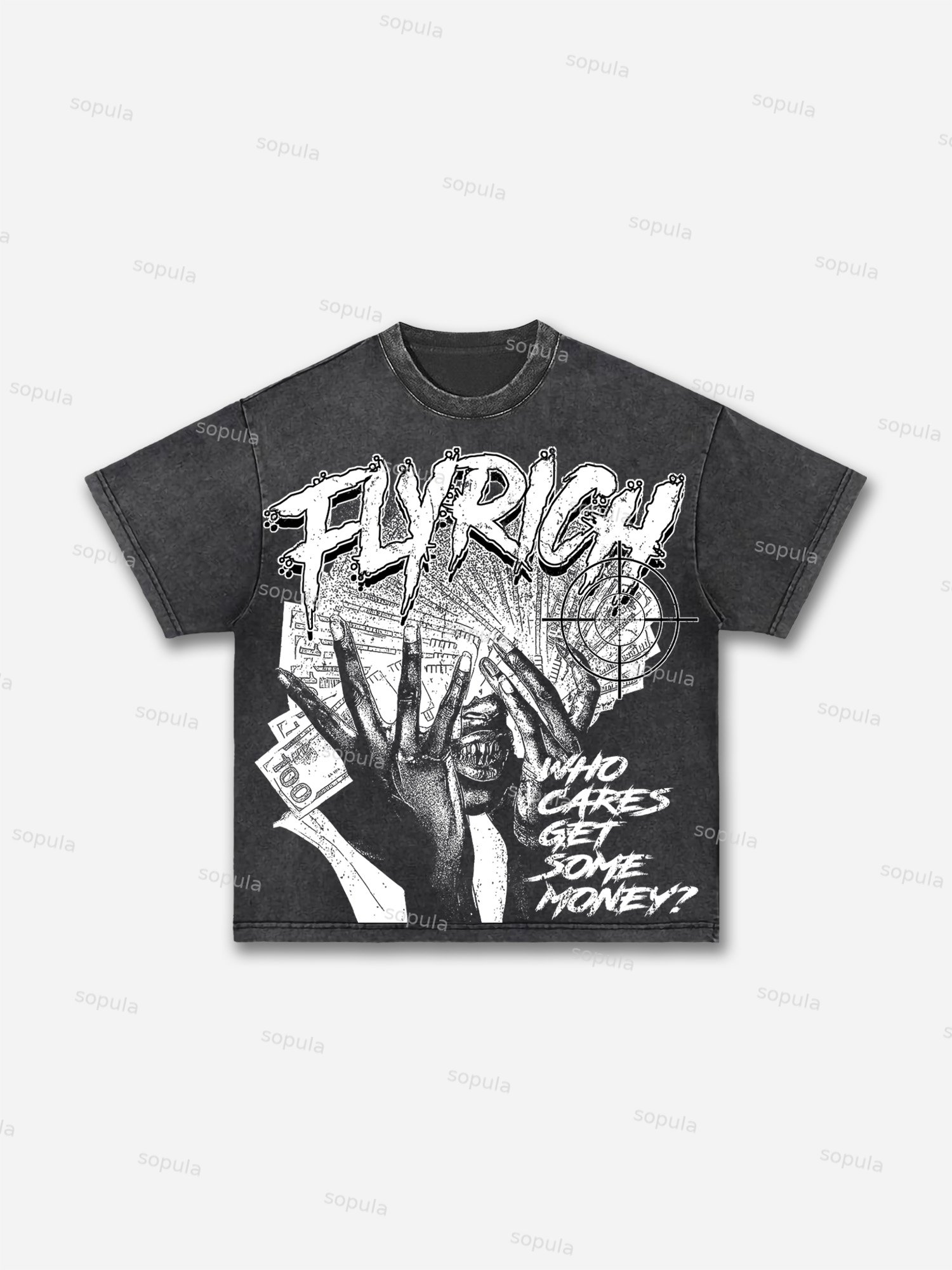 Fly Rich Get Some Money Print Acid Wash T-shirt - Sopula｜Premium Graphic Tees & Graphic Clothing